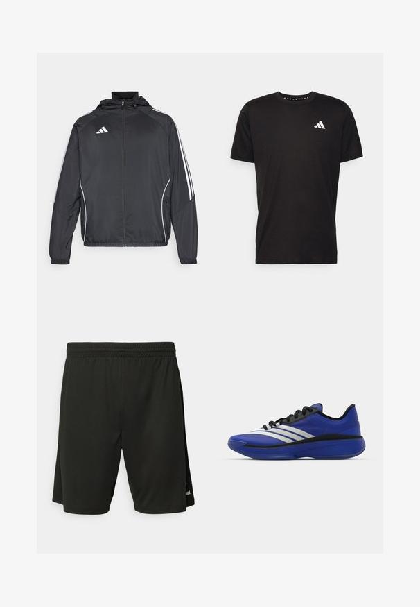 Black athletic jacket with a hood, featuring white stripes along the sleeves and a zippered front. Made from a smooth, lightweight fabric.; Black cotton t-shirt with short sleeves, crew neckline, and a white logo on the left chest. Smooth texture and simple design.; Black athletic shorts made of lightweight fabric, featuring an elastic waistband and flat seams. Includes subtle logo detail on hem.; adidas Performance ADIZERO SELECT 3.0 - Basketball shoes - lucid blue/core black/metallic