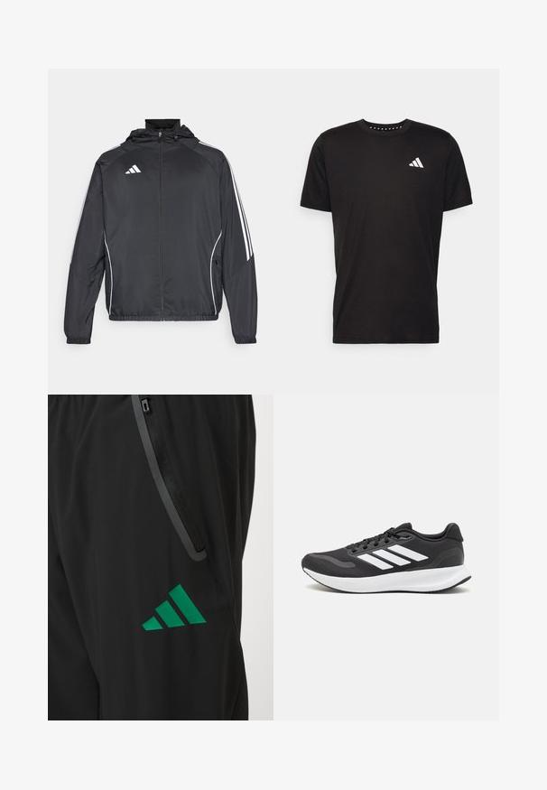 Czarna sportowa kurtka z kapturem, z białymi paskami wzdłuż rękawów i zasuwanym przodem. Wykonana z gładkiego, lekkiego materiału.; Czarna bawełniana koszulka z krótkim rękawem, okrągłym dekoltem i białym logo na lewej piersi. Gładka tekstura i prosty design.; Czarne spodnie sportowe z gładkiego materiału, z zielonym logo Adidas oraz kieszenią na zamek błyskawiczny z kontrastowym wykończeniem.; Czarne buty sportowe z oddychającą siateczką, białymi akcentami i wyściełaną podeszwą. Posiadają logo w postaci trzech pasków po boku.
