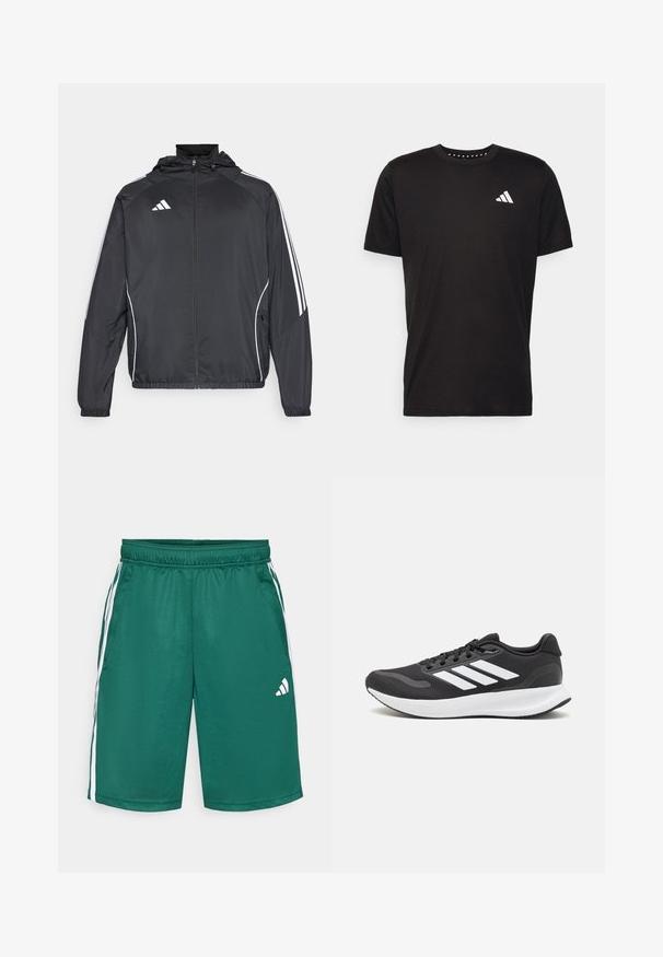 Fekete sportos dzseki kapucnival, fehér csíkokkal az ujjak mentén és cipzáras elülső résszel. Simább, könnyű anyagból készült.; Fekete pamut póló rövid ujjal, kerek nyakkivágással, bal mellrészen fehér logóval. Sima textúra és egyszerű dizájn.; Zöld sportnadrág sima, könnyű anyagból. Fehér oldalcsíkokkal és fehér logóval a jobb alsó lábon. Rugalmas derékpánt.; Fekete sportcipő légáteresztő hálós felsőrésszel, fehér kiegészítőkkel és párnázott talppal. Az oldalon három csíkkal ellátott logó található.