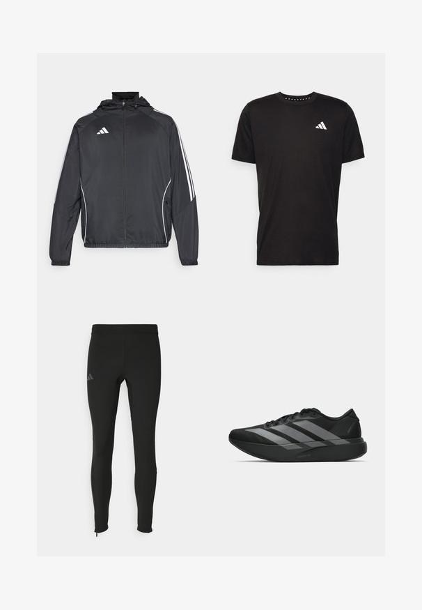 Giacca atletica nera con cappuccio, caratterizzata da strisce bianche lungo le maniche e chiusura con zip frontale. Realizzata in un tessuto liscio e leggero.; T-shirt in cotone nero con maniche corte, scollo rotondo e logo bianco sul lato sinistro del petto. Texture liscia e design semplice.; Leggings athletic neri con un design aderente, realizzati in materiale elasticizzato. Presentano un logo discreto e zip alla caviglia per facilitare l'indossamento.; Scarpe sportive nere con un design leggero, caratterizzate da tre strisce grigie prominenti, una superficie liscia e una suola sagomata.