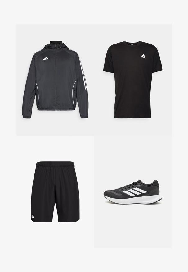 Schwarze Sportjacke mit Kapuze, ausgestattet mit weißen Streifen an den Ärmeln und einem Reißverschluss vorne. Hergestellt aus einem glatten, leichten Stoff.; Schwarzes Baumwoll-T-Shirt mit kurzen Ärmeln, Rundhalsausschnitt und einem weißen Logo auf der linken Brust. Glatte Textur und einfaches Design.; Schwarze Sportshorts mit einem elastischen Bund. Aus leichtem Stoff gefertigt, mit einer dezenten Textur und einem kleinen weißen Logoakzent.; Schwarzer Sportschuh mit atmungsaktivem Mesh-Obermaterial, weißen Akzenten und einer gepolsterten Sohle. Mit drei Streifen-Logo an der Seite.