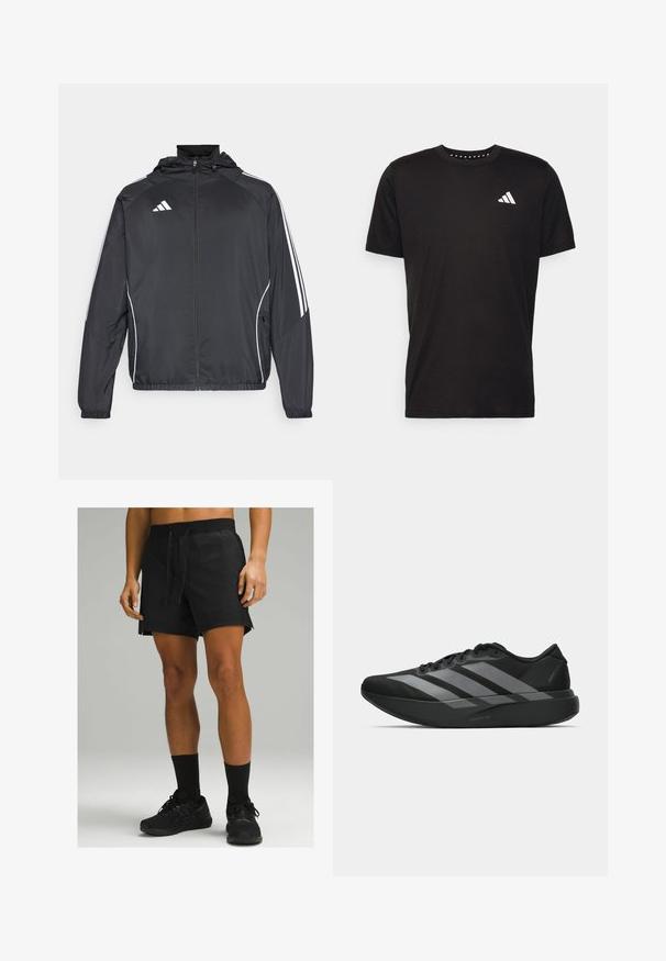 Schwarze Sportjacke mit Kapuze, ausgestattet mit weißen Streifen an den Ärmeln und einem Reißverschluss vorne. Hergestellt aus einem glatten, leichten Stoff.; Schwarzes Baumwoll-T-Shirt mit kurzen Ärmeln, Rundhalsausschnitt und einem weißen Logo auf der linken Brust. Glatte Textur und einfaches Design.; Schwarze Sportshorts mit elastischem Bund und Kordelzug, seitlichen Schlitzen und glatter Textur, kombiniert mit schwarzen Socken und Schuhen.; Schwarze Sportschuhe mit einem leichten Design, ausgestattet mit drei auffälligen grauen Streifen, einer glatten Textur und einer konturierten Sohle.