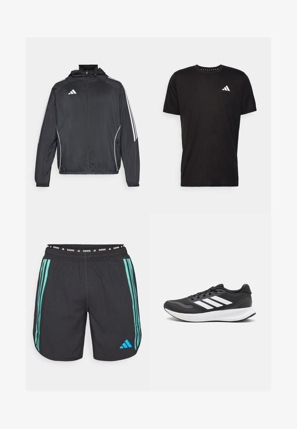 Svart sportsjakke med hette, med hvite striper langs ermene og glidelås foran. Laget av et glatt, lett stoff.; Svart bomulls t-skjorte med korte ermer, rund hals og en hvit logo på venstre bryst. Glatt tekstur og enkelt design.; Svart løpeshorts med teal tre-stripes design, elastisk linning med "RUNNING" tekst, og en blå Adidas-logo nederst til høyre.; Svarte sportsko med pustende mesh-overdel, hvite detaljer og en polstret såle. Har tre striper-logo på siden.