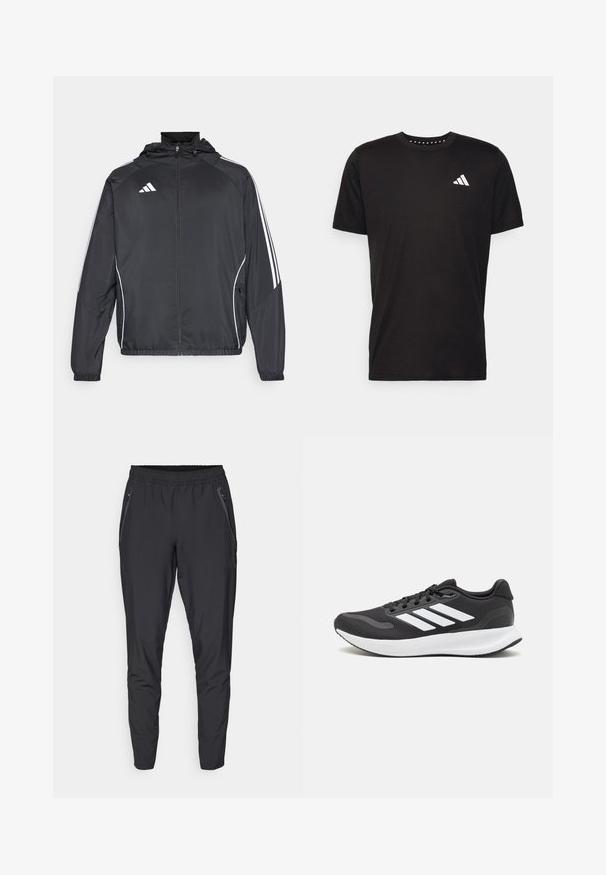 Black athletic jacket with a hood, featuring white stripes along the sleeves and a zippered front. Made from a smooth, lightweight fabric.; Black cotton t-shirt with short sleeves, crew neckline, and a white logo on the left chest. Smooth texture and simple design.; Black athletic pants made of lightweight material with an elastic waistband, tapered legs, and side pockets with zippers.; Black athletic shoe with breathable mesh upper, white accents, and a cushioned sole. Features three stripes logo on the side.