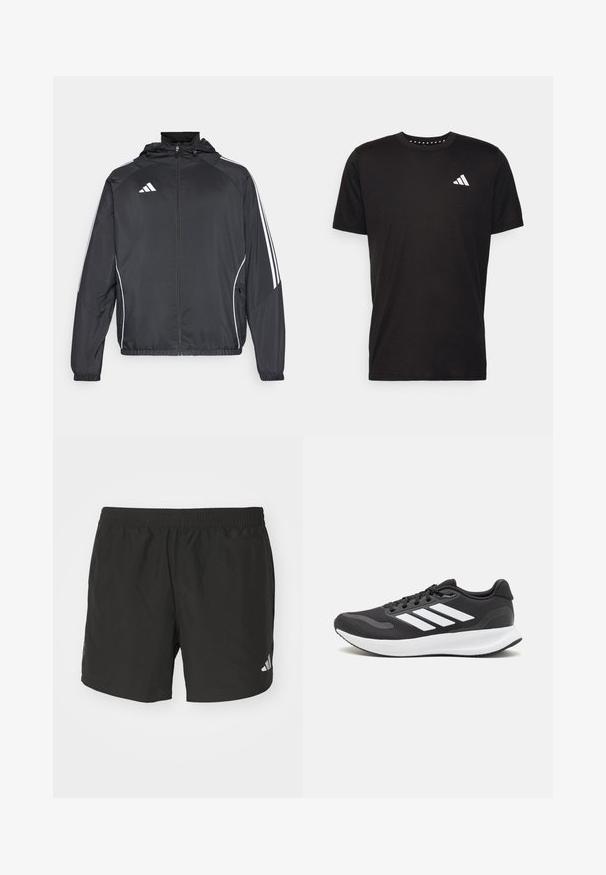 Zwarte sportjack met capuchon, voorzien van witte strepen langs de mouwen en een ritssluiting aan de voorkant. Gemaakt van een gladde, luchtige stof.; Zwarte katoenen t-shirt met korte mouwen, ronde hals en een wit logo op de linkerkant van de borst. Gladde textuur en eenvoudig ontwerp.; Zwarte sportieve shorts met een elastische tailleband, zijsplits en reflecterende logo-accenten. Gemaakt van lichte, gladde stof.; Zwart sportief schoen met ademend mesh bovenwerk, witte accenten en een gevoerde zool. Beschikt over een logo met drie strepen aan de zijkant.