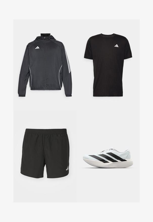 Melnā sporta jaka ar kapuci, ar baltām svītrām pa piedurknēm un ar rāvējslēdzēju priekšpusē. Izgatavota no gludas, vieglas auduma.; Melna kokvilnas t-krekls ar īsām piedurknēm, apaļu dekoltē un balto logo uz kreisā krūts. Gluda tekstūra un vienkāršs dizains.; Melnas sporta bikses ar elastīgu jostu, sānu šķeltnēm un atstarojošiem logo akcentiem. Izgatavotas no viegla, gluda auduma.; Gaiši zili vieglie skriešanas apavi ar melniem svītrainiem. Iezīmēti ar gludu augšpusi, apaļu purngalu un biezāko balto vidējo zoli, kurā ir uzraksts "LIGHTSTRIKE PRO."