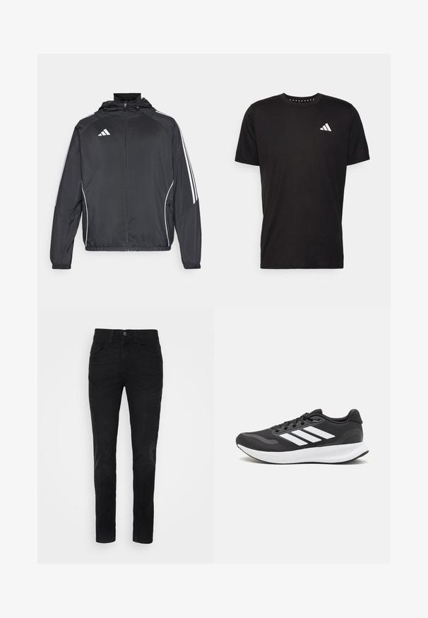 Casaco atlético preto com capuz, apresentando riscas brancas ao longo das mangas e um fecho éclair na frente. Fabricado em um tecido liso e leve.; T-shirt de algodão preto com mangas curtas, decote redondo e um logo branco no lado esquerdo do peito. Textura suave e design simples.; Denim Project TOM - Calças de ganga justas - black washed; Shoe de atletismo preto com parte superior em malha respirável, detalhes brancos e sola almofadada. Apresenta o logotipo das três riscas na lateral.