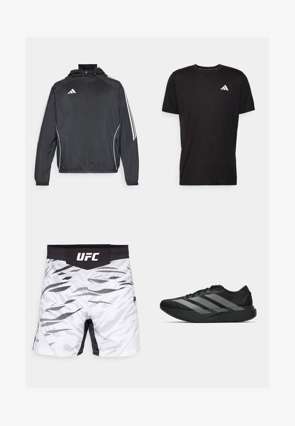 Must värvi sportlik jakk kapuutsiga, millel on valged triibud varrukatel ja lukuga esiosa. Valmistatud siledast, kergest kangast.; Must must ka t-särk lühikeste varrukatega, ümmarguse kaelusega ja valge logoga vasakul rinnal. Sile tekstuur ja lihtne disain.; Valged ja mustad UFC lühikesed püksid, millel on kamoflaažimuster, must vöökoht ja "UFC" logo selgelt nähtaval kohal ülaosas.; Must have mustangid! Need light and trendy athletic shoes? These black sneakers have a streamlined design featuring three large hallal gray stripes. Their smooth texture and ergonomically contoured sole provide ultimate comfort.
