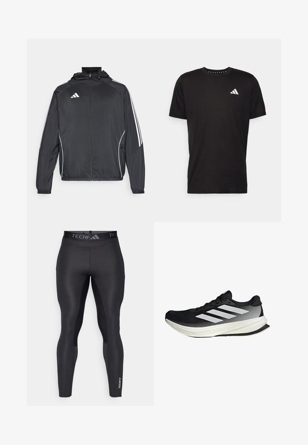 Crna atletska jakna s kapuljačom, s bijelim prugama duž rukava i zatvaranjem na zip. Izrađena od glatkog, laganog materijala.; Crna pamučna majica s kratkim rukavima, okruglim izrezom i bijelim logotipom na lijevoj strani prsnog koša. Glatka tekstura i jednostavan dizajn.; Crne sportske tajice glatke teksture, s širokim pojasom označenim "TECHFIT" i suptilnim detaljima na bočnim panelima.; Crna atletska cipela s mrežastim dizajnom, koja ima bijele pruge, zaobljeni vrh i teksturiranu potplate za prianjanje i potporu.