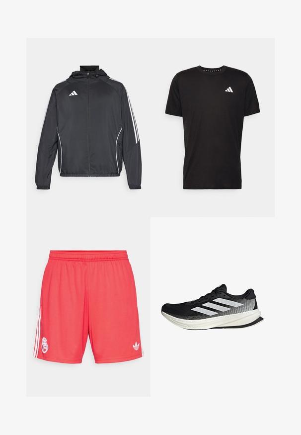 Black athletic jacket with a hood, featuring white stripes along the sleeves and a zippered front. Made from a smooth, lightweight fabric.; Black cotton t-shirt with short sleeves, crew neckline, and a white logo on the left chest. Smooth texture and simple design.; Red athletic shorts made of lightweight fabric, featuring a white logo on the left leg and three white stripes along the sides.; Black athletic shoe with a mesh design, featuring white stripes, a rounded toe, and a textured sole for grip and support.