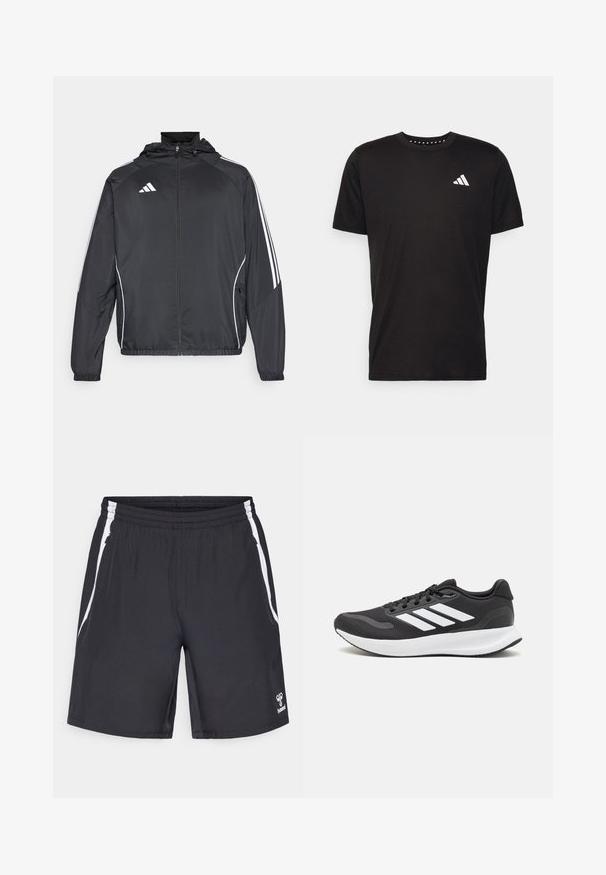 Juodas sportinis džemperis su kapišonu, turintis baltas juosteles palei rankoves ir užtrauktuką priekyje. Pagamintas iš lygaus, lengvo audinio.; Juodas medvilnės marškinėliai trumpomis rankovėmis, su apvalia iškirpte ir balta logo kairiajame krūtinės šone. Lygus tekstūra ir paprastas dizainas.; Juodi sportiniai šortai su baltais šoniniais dryžiais, elastinga juosmens juosta ir logotipo detale. Pagaminti iš lengvos medžiagos, pasižyminčios sklandžiu tekstūru.; Juodas sportinis batelis su orui pralaidžia mėgintuvėliu, baltomis akcentais ir paminkštintu padu. Šone yra trijų juostų logotipas.