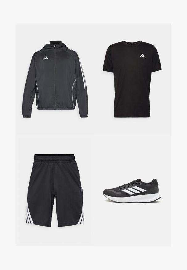 Černá sportovní bunda s kapucí, s bílými pruhy podél rukávů a s předním zipem. Vyrobena z hladkého, lehkého materiálu.; Černé bavlněné tričko s krátkým rukávem, kulatým výstřihem a bílým logem na levé hrudi. Hladká textura a jednoduchý design.; Černé sportovní šortky s elastickým pasem a bílými diagonálními pruhy na vnější straně každé nohy.; Černá sportovní obuv s prodyšným síťovaným svrškem, bílými akcenty a polstrovanou podrážkou. Na boku se nachází logo se třemi pruhy.