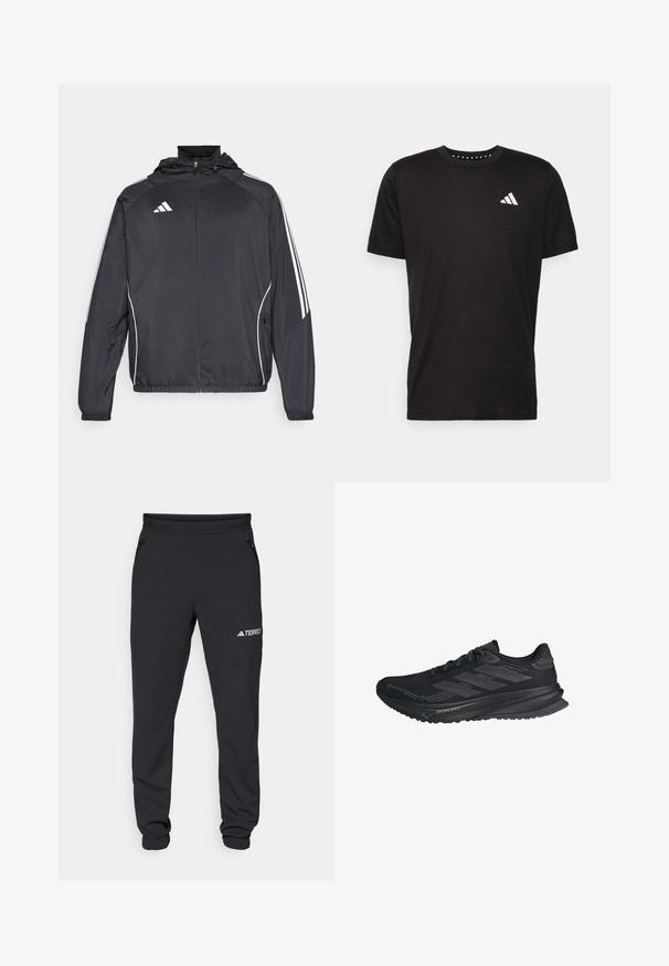 Svart idrottsjacka med huva, med vita ränder längs ärmarna och dragkedja framtill. Tillverkad av ett mjukt, lätt material.; Svart bomullströja med korta ärmar, rundad halsringning och en vit logotyp på vänster bröst. Slät textur och enkelt design.; Svarta träningsbyxor i mjukt tyg; har elastisk midja, tapered ben och fickor med dragkedja på sidan. "TERREX"-logotyp tryckt i vitt.; Svarta Adidas löparskor med Gore-Tex ovandel, tre ränder på sidan och "Dreamstrike" på sulan, sedd från utsidan.