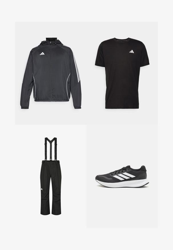 Must värvi sportlik jakk kapuutsiga, millel on valged triibud varrukatel ja lukuga esiosa. Valmistatud siledast, kergest kangast.; Must must ka t-särk lühikeste varrukatega, ümmarguse kaelusega ja valge logoga vasakul rinnal. Sile tekstuur ja lihtne disain.; Mustad mustused veepidavad püksid reguleeritavate rihmadega, sujuva tekstuuriga ja vasakul jalal oleva valge logoga, mõeldud väljas kasutamiseks.; Mustmust valmistatud õhulise võrgu ülemise osa, valgete aktsentidega ja pehme tallaga must sportlik king. Küljel on kolm triipu kujutav logo.