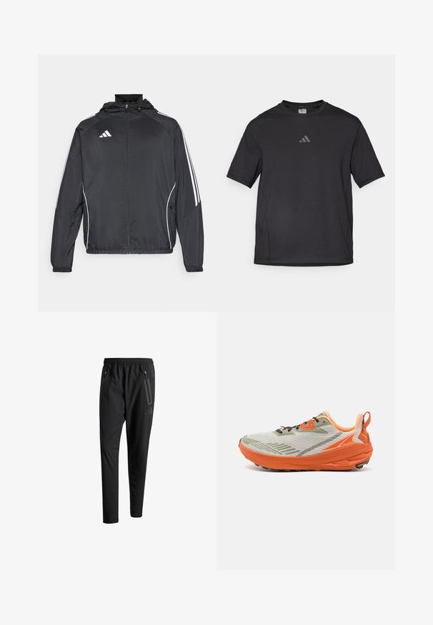 Fekete sportos dzseki kapucnival, fehér csíkokkal az ujjak mentén és cipzáras elülső résszel. Simább, könnyű anyagból készült.; Fekete sport póló lélegző anyagból, rövid ujjú, kerek nyakkal és fényvisszaverő logóval a mellkasán.; Fekete sportos nadrág elasztikus derékpánttal, két cipzáras oldalt zsebbel, tapered lábakkal és diszkrét logóval a csípőn.; Altra EXPERIENCE WILD - Terepfutó cipők - gray/orange