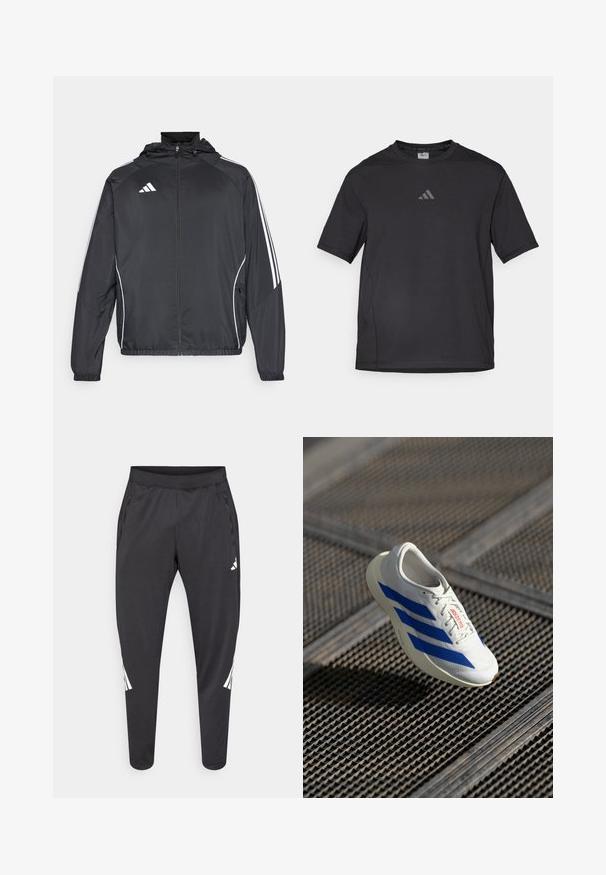 Sort atletisk jakke med hætte, med hvide striber langs ærmerne og lynlås foran. Lavet af et glat, let materiale.; Sort atletisk t-shirt lavet af åndbart materiale, med korte ærmer, rund hals og et reflekterende logo på brystet.; Sorte atletikbukser med smalle ben, elastisk taljebånd, sidelommer og hvide logoer samt stribedetaljer. Fremstillet af et glat, let materiale.; Hvid atletisk sko med blå striber, letvægtsdesign, mesh-overdel, snørelukning og tekstureret gummisål, svævende over en gitteroverflade.