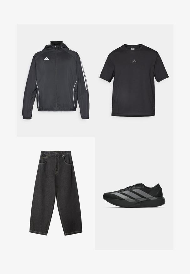 Svart idrottsjacka med huva, med vita ränder längs ärmarna och dragkedja framtill. Tillverkad av ett mjukt, lätt material.; Svart atletisk t-shirt tillverkad av ett ventilerande material, med korta ärmar, rund hals och en reflexlogotyp på bröstet.; Svarta denimbyxor med vida ben och gula sömmar, femficksdesign och medelhög midja. Strukturerad tyg med en mjuk yta.; Svarta träningsskor med en lätt design, som har tre framträdande grå ränder, en slät yta och en formad sula.