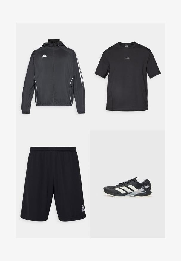 Giacca atletica nera con cappuccio, caratterizzata da strisce bianche lungo le maniche e chiusura con zip frontale. Realizzata in un tessuto liscio e leggero.; Maglietta sportiva nera realizzata in materiale traspirante, con maniche corte, colletto rotondo e logo riflettente sul petto.; Pantaloni sportivi neri realizzati in un tessuto leggero e traspirante. Presentano un cintura elastica e un logo Adidas argentato sul lato destro inferiore.; Scarpa sportiva nera con strisce bianche, tomaia in rete, punta arrotondata e suola ammortizzata. Presenta un tallone testurizzato e un sistema di allacciatura sicuro.