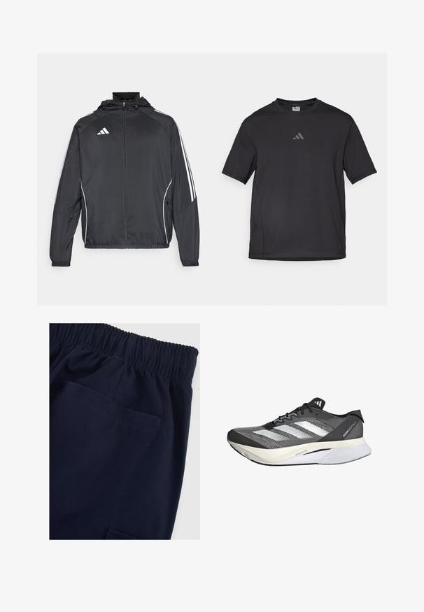 Zwarte sportjack met capuchon, voorzien van witte strepen langs de mouwen en een ritssluiting aan de voorkant. Gemaakt van een gladde, luchtige stof.; Zwart sport t-shirt van ademend materiaal, met korte mouwen, een ronde hals en een reflecterende logo op de borst.; Marineblauwe elastische taillebroek met een gladde textuur, voorzien van een zijzak en een eenvoudig ontwerp, dat functionaliteit en comfort benadrukt.; Zwart-witte sportieve schoen met een bovenwerk van mesh, voorzien van drie witte strepen, een opvallende zool met het label "LIGHTSTRIKE PRO" en een gestroomlijnd ontwerp.