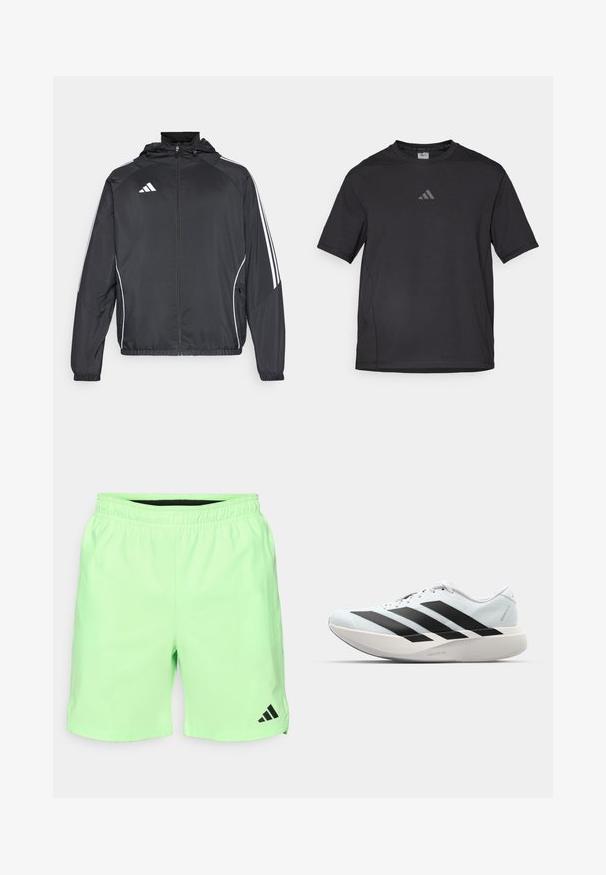 Črna športna jakna s kapuco, z belimi črtami ob rokavih in z zadrgo spredaj. Narejena iz gladkega, lahkega materiala.; Črno atletsko majico iz zračnega materiala, ki ima kratke rokave, okroglo ovratnik in odsevni logotip na prsih.; Svetlozelene atletske kratke hlače z elastičnim pasom, stranskimi žepi in črnim Adidasovim logotipom na spodnjem levem delu. Gladek, lahek material.; Lahki tekaški čevlji v svetlo modri barvi z belimi črtami. Imajo gladek zgornji del, okroglo kapico in debel bel srednji podplat z označbo "LIGHTSTRIKE PRO."