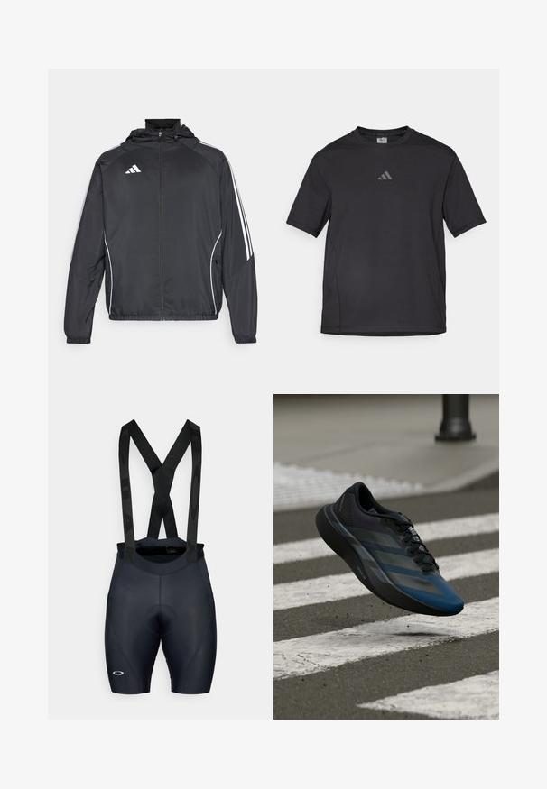 Čierna športová bunda s kapucňou, ktorá má biele pruhy pozdĺž rukávov a zips v prednej časti. Vyrobená z hladkej, ľahkej tkaniny.; Čierne atletické tričko vyrobené z priedušného materiálu, s krátkymi rukávmi, okrúhlym výstrihom a reflexným logom na hrudi.; Čierne cyklistické šortky s nastaviteľnými ramienkami, polstrovaným sedlom, textúrovanou tkaninou a detailom loga na ľavej nohe. Tvarovo prispôsobený dizajn.; Čierna a modrá atletická obuv s aerodynamickým dizajnom, vybavená štruktúrovaným zvrškom, kontrastnými pruhmi a pohodlnou podrážkou, ktorá sa vznáša nad asfaltom.