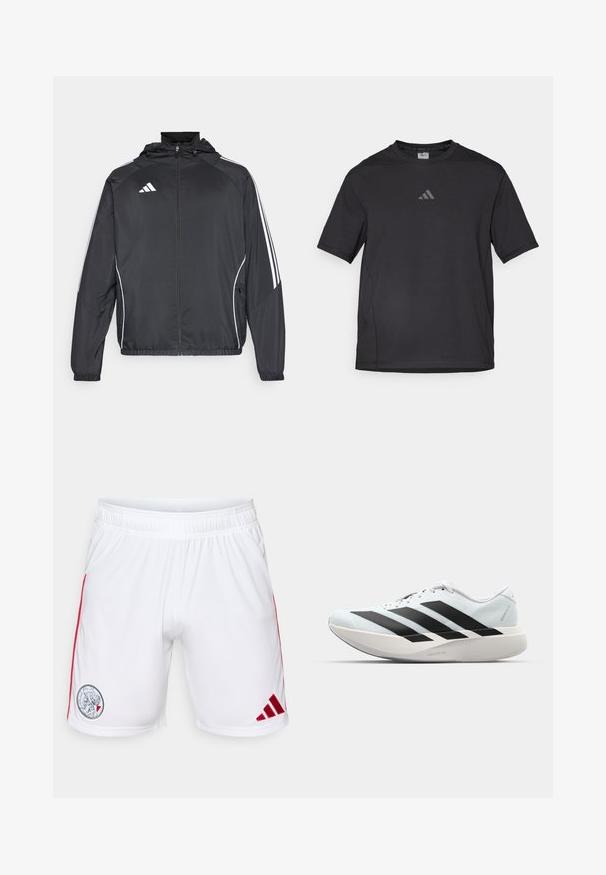 Giacca atletica nera con cappuccio, caratterizzata da strisce bianche lungo le maniche e chiusura con zip frontale. Realizzata in un tessuto liscio e leggero.; Maglietta sportiva nera realizzata in materiale traspirante, con maniche corte, colletto rotondo e logo riflettente sul petto.; Pantaloni sportivi bianchi realizzati in tessuto liscio, con bande laterali rosse e un logo circolare sulla coscia sinistra con un emblema sportivo.; Scarpe da corsa leggere di colore azzurro pallido con strisce nere. Presentano una tomaia liscia, punta rotonda e un'ampia intersuola bianca etichettata "LIGHTSTRIKE PRO."