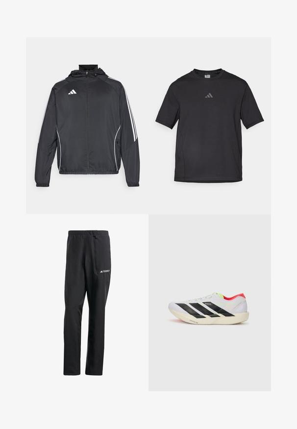 Svart sportsjakke med hette, med hvite striper langs ermene og glidelås foran. Laget av et glatt, lett stoff.; Svart atletisk t-skjorte laget av pustende materiale, med korte ermer, rund hals og et reflekterende logo på brystet.; Svarte lette turskjørt med elastisk midjebånd, sidelomme med glidelås og refleksdetalj med TERREX-logo. Glatt, vannavstøtende materiale.; Hvite joggesko med svarte striper, neongrønne detaljer og rød hæl. Har et lett design og teksturert såle for grep.