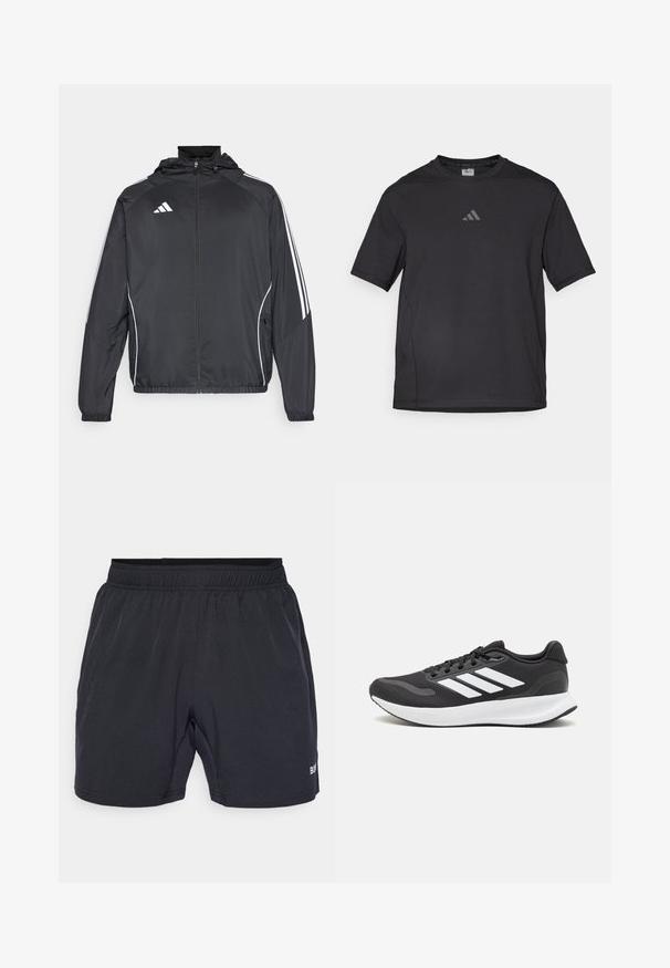 Svart sportsjakke med hette, med hvite striper langs ermene og glidelås foran. Laget av et glatt, lett stoff.; Svart atletisk t-skjorte laget av pustende materiale, med korte ermer, rund hals og et reflekterende logo på brystet.; Sorte shorts med elastisk midjebånd, laget av glatt, lett stoff, med en liten logo nederst til høyre.; Svarte sportsko med pustende mesh-overdel, hvite detaljer og en polstret såle. Har tre striper-logo på siden.
