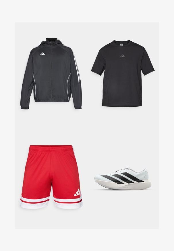 Schwarze Sportjacke mit Kapuze, ausgestattet mit weißen Streifen an den Ärmeln und einem Reißverschluss vorne. Hergestellt aus einem glatten, leichten Stoff.; Schwarzes Sport-T-Shirt aus atmungsaktivem Material, mit kurzen Ärmeln, rundem Ausschnitt und einem reflexiven Logo auf der Brust.; Rote Sportshorts aus glattem Material, mit einem weißen Akzentstreifen am Saum und drei weißen Streifen an den Seiten.; Leichte Laufschuhe in hellblau mit schwarzen Streifen. Sie verfügen über ein glattes Obermaterial, eine runde Zehenpartie und eine dicke weiße Zwischensohle, die mit "LIGHTSTRIKE PRO" beschriftet ist.