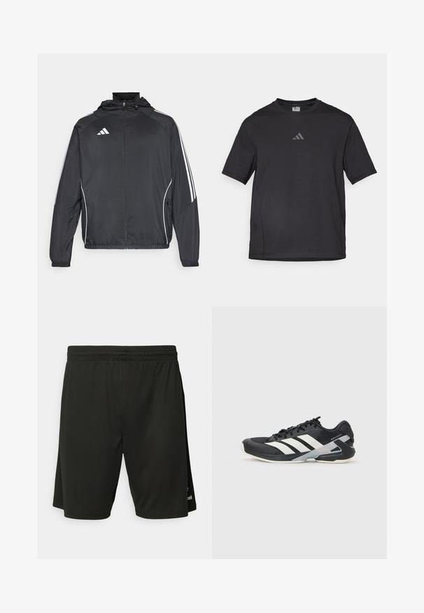 Svart sportsjakke med hette, med hvite striper langs ermene og glidelås foran. Laget av et glatt, lett stoff.; Svart atletisk t-skjorte laget av pustende materiale, med korte ermer, rund hals og et reflekterende logo på brystet.; Sorte treningsshorts laget av lett stoff, med elastisk midjebånd og flate sømmer. Inkluderer subtil logo detalj på kanten.; Svart treningssko med hvite striper, mesh-overdel, avrundet tå og polstret såle. Har en teksturert hæl og et sikkert snøresystem.