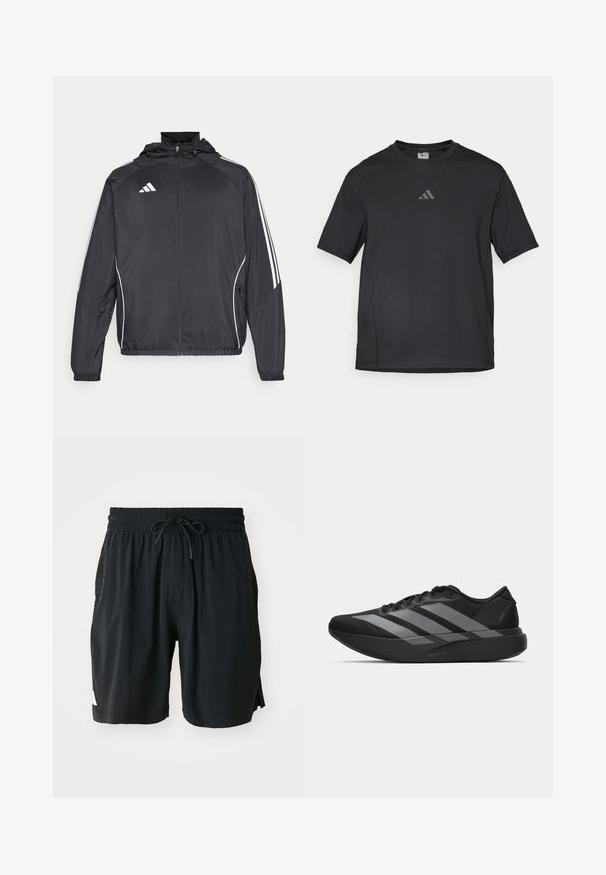 Čierna športová bunda s kapucňou, ktorá má biele pruhy pozdĺž rukávov a zips v prednej časti. Vyrobená z hladkej, ľahkej tkaniny.; Čierne atletické tričko vyrobené z priedušného materiálu, s krátkymi rukávmi, okrúhlym výstrihom a reflexným logom na hrudi.; Čierne športové šortky s nastaviteľným pásom na šnúrku, bočnými vreckami a perforovanými detailmi, a bielym logom na ľavej nohe.; Čierne športové topánky s ľahkým dizajnom, obsahujúce tri výrazné šedé pruhy, hladkú textúru a kontúrovanú podrážku.