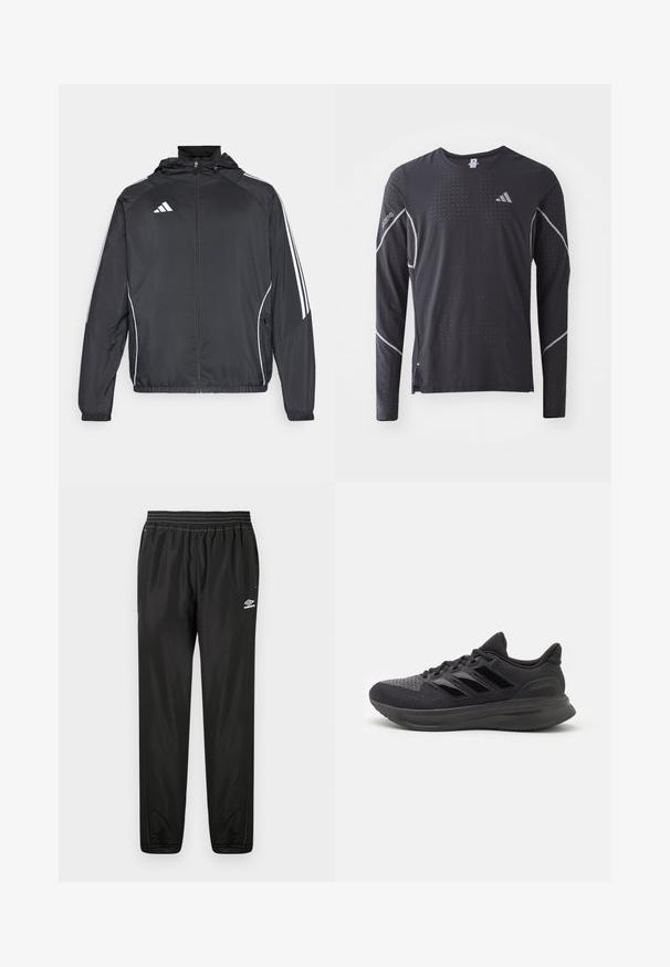 Zwarte sportjack met capuchon, voorzien van witte strepen langs de mouwen en een ritssluiting aan de voorkant. Gemaakt van een gladde, luchtige stof.; adidas Performance TEE - Longsleeve - black; Zwarte Umbro trainingsbroek met elastische tailleband, zijzakken, toelopende pijpen en logo op de rechterdij tegen een witte achtergrond.; Zwarte sportschoen met een bovenwerk van gestructureerde stof, rubberen zool en drie glanzende zwarte strepen aan de zijkant. Rondneus en gevoerde hak.