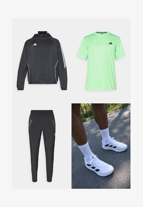 Giacca atletica nera con cappuccio, caratterizzata da strisce bianche lungo le maniche e chiusura con zip frontale. Realizzata in un tessuto liscio e leggero.; adidas Performance T-Shirt sport - lime burst/black; adidas Performance REAL MADRID TIRO25 PRO VIS TECH TRAVEL PANT - Squadra - black/lucid lemon; Scarpe da ginnastica bianche con accenti neri, parte superiore in rete e lacci bianchi. Indossate con calzini bianchi a coste alti, posizionate su una superficie in cemento.