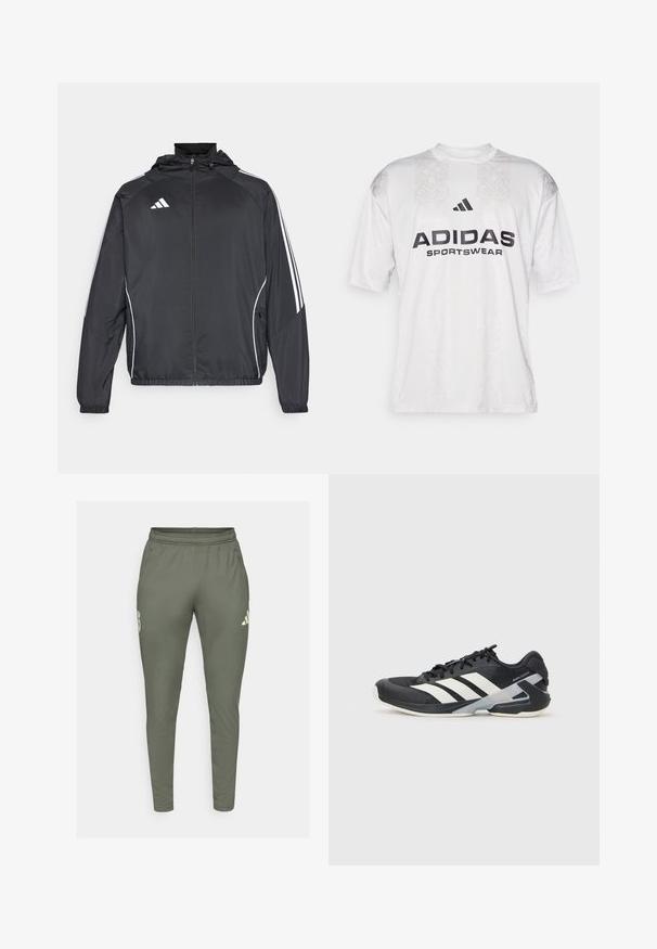 Crna atletska jakna s kapuljačom, s bijelim prugama duž rukava i zatvaranjem na zip. Izrađena od glatkog, laganog materijala.; adidas Sportswear TIRO TEE - Majica kratkih rukava s printom - grey one/black; Maslinaste zelene trenirke uskog kroja, s elastičnim pojasom i bočnim džepovima. Imaju logo na lijevom bedru i kontrastne detalje.; Crne atletske cipele s bijelim prugama, mrežasta gornja strana, zaobljeni prst i podstavljeni đon. Imaju teksturiranu petu i siguran sustav vezivanja.