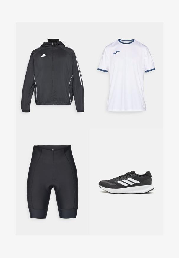 Black athletic jacket with a hood, featuring white stripes along the sleeves and a zippered front. Made from a smooth, lightweight fabric.; White athletic t-shirt with navy blue accents on the collar and sleeves. Made of smooth fabric, featuring a small logo on the chest.; Black cycling shorts made of stretchy fabric. Features a padded seat area, seamless design, and fitted shape with elastic cuffs at the hem.; Black athletic shoe with breathable mesh upper, white accents, and a cushioned sole. Features three stripes logo on the side.