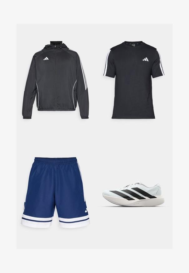 Svart sportsjakke med hette, med hvite striper langs ermene og glidelås foran. Laget av et glatt, lett stoff.; Svart T-skjorte laget av bomull med korte ermer, med hvite striper på skuldrene og en hvit logo på venstre bryst.; Marine blå treningsshorts med elastisk midje, hvite detaljer og sidelommer. Har hvite striper i kanten. Laget av polyester.; Lette løpesko i lys blå med svarte striper. Har en myk overdel, rund tå og tykk hvit mellomsole merket "LIGHTSTRIKE PRO."