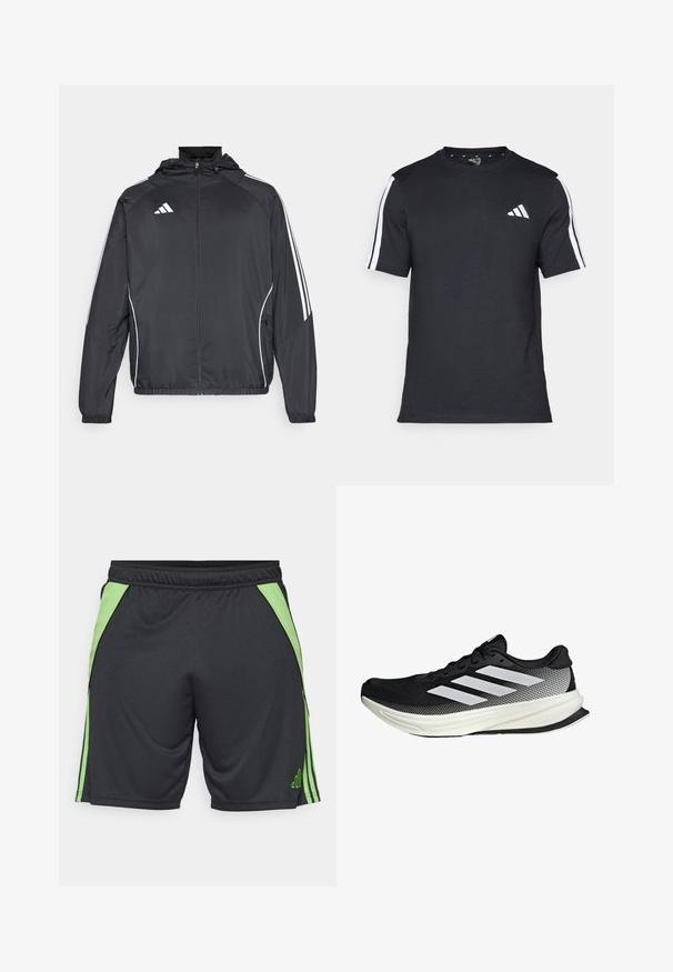 Crna atletska jakna s kapuljačom, s bijelim prugama duž rukava i zatvaranjem na zip. Izrađena od glatkog, laganog materijala.; Crna majica od pamuka s kratkim rukavima, koja ima bijele pruge na ramenima i bijeli logo na lijevoj strani prsiju.; Crne atletske kratke hlače s zelenim bočnim akcentima i prugama. Izrađene od laganog materijala, s elastičnim pojasom za udobnost.; Crna atletska cipela s mrežastim dizajnom, koja ima bijele pruge, zaobljeni vrh i teksturiranu potplate za prianjanje i potporu.