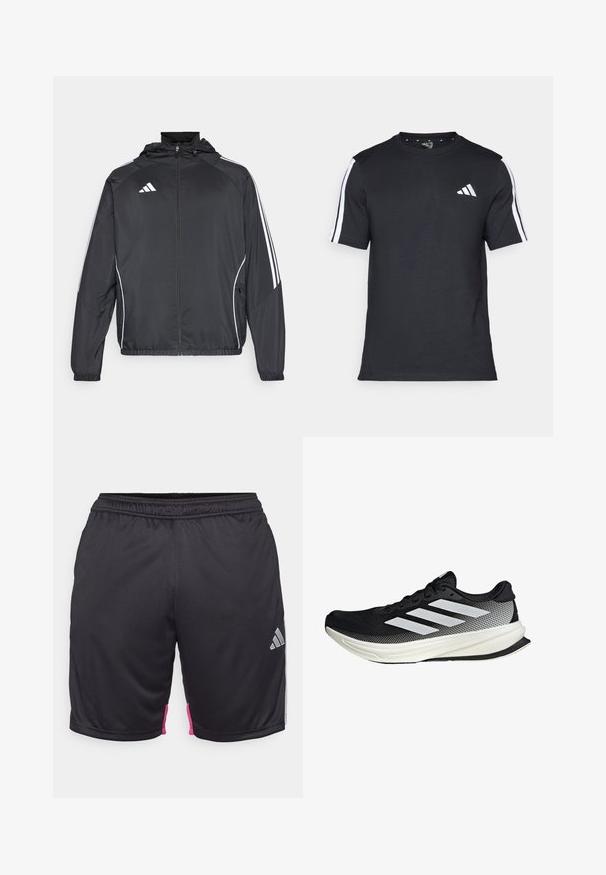 Schwarze Sportjacke mit Kapuze, ausgestattet mit weißen Streifen an den Ärmeln und einem Reißverschluss vorne. Hergestellt aus einem glatten, leichten Stoff.; Schwarzes T-Shirt aus Baumwolle mit kurzen Ärmeln, ausgestattet mit weißen Streifen auf den Schultern und einem weißen Logo auf der linken Brust.; Schwarze Sportshorts mit elastischem Bund, pinken Akzenten an den Seiten und silbernem Adidas-Logo unten rechts auf der Vorderseite.; Schwarzer Sportschuh mit einem Mesh-Design, ausgestattet mit weißen Streifen, einer runden Zehenpartie und einer strukturierten Sohle für Grip und Unterstützung.
