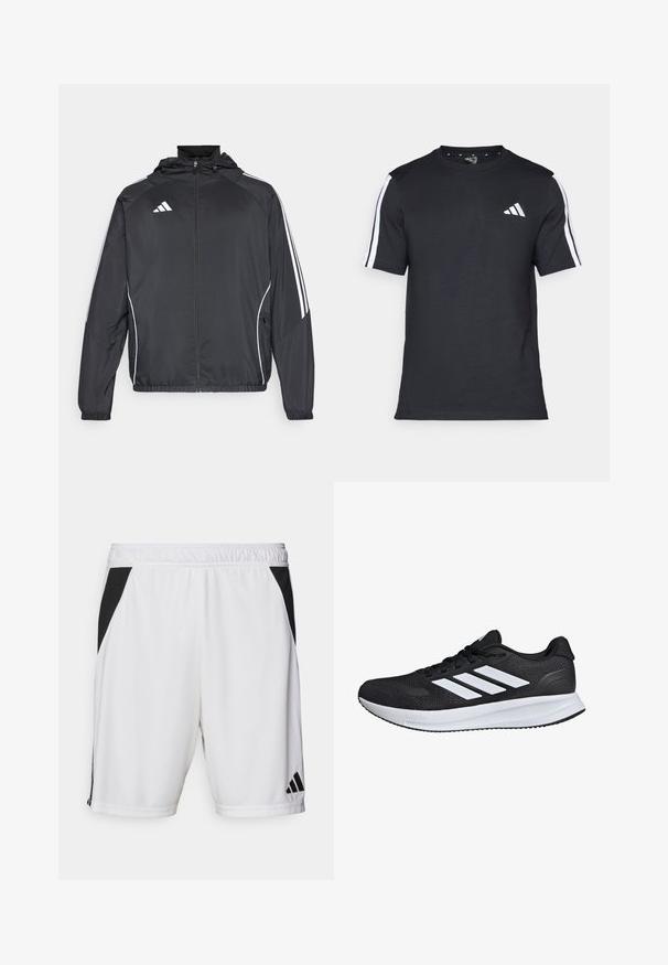 Svart idrottsjacka med huva, med vita ränder längs ärmarna och dragkedja framtill. Tillverkad av ett mjukt, lätt material.; Svart T-shirt i bomull med korta ärmar, prydd med vita ränder på axlarna och en vit logotyp på vänster bröst.; Vita atletiska shorts i vitt med svarta sidopaneler, elastisk midja och Adidas-logotyp på nedre delen av högra benet. Tillverkade av lätt tyg.; Svart sportskor med vita ränder, nätöverdel, vadderad sula och texturerade detaljer. Har snörningsdesign och varumärkeslogotyp på plösen.