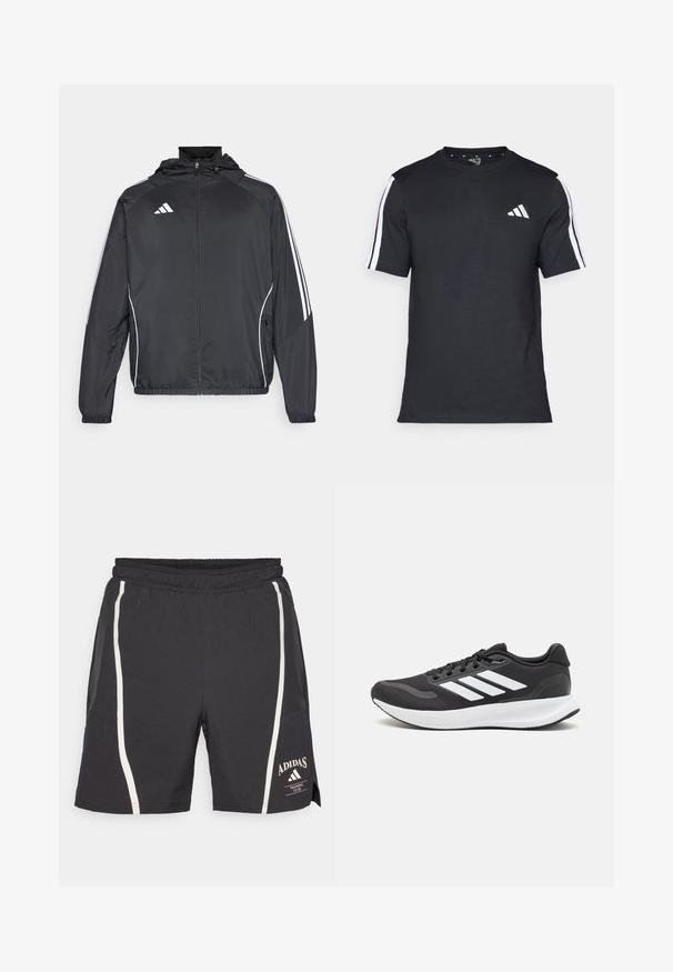 Crna atletska jakna s kapuljačom, s bijelim prugama duž rukava i zatvaranjem na zip. Izrađena od glatkog, laganog materijala.; Crna majica od pamuka s kratkim rukavima, koja ima bijele pruge na ramenima i bijeli logo na lijevoj strani prsiju.; Crne atletske kratke hlače s elastičnom gumom u struku, s bijelim bočnim trakama i Adidas logotipom na donjem desnom dijelu noge.; Crne atletske tenisice s prozračnom mrežicom na gornjem dijelu, bijelim akcentima i mekanim potplatom. Imaju logo s tri pruge sa strane.