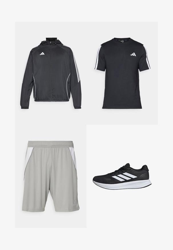 Black athletic jacket with a hood, featuring white stripes along the sleeves and a zippered front. Made from a smooth, lightweight fabric.; Black T-shirt made of cotton with short sleeves, featuring white stripes on the shoulders and a white logo on the left chest.; Gray athletic shorts made of lightweight fabric, featuring white side panels, an elastic waistband, and a small logo in the lower corner.; Black athletic shoe with white stripes, mesh upper, cushioned sole, and textured accents. Features a lace-up design and brand logo on the tongue.