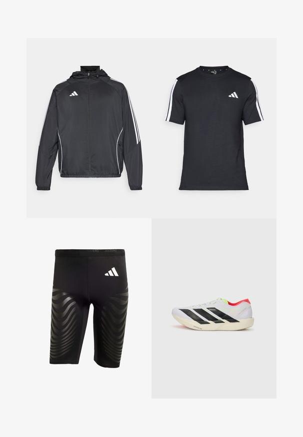 Fekete sportos dzseki kapucnival, fehér csíkokkal az ujjak mentén és cipzáras elülső résszel. Simább, könnyű anyagból készült.; Fekete, rövid ujjú pamut póló, fehér csíkokkal a vállain és fehér logóval a bal mellkason.; Fekete sportos rövidnadrág rugalmas szabással, fényes hullámmintával az oldalán és fehér logóval a derékpánton.; Fehér futócipő fekete csíkokkal, neon zöld részletekkel és piros sarokkal. Könnyű dizájnnal és texturált talppal rendelkezik a tapadás érdekében.