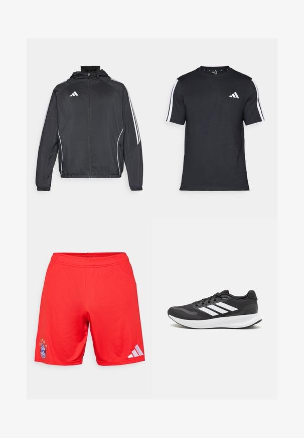 Svart sportsjakke med hette, med hvite striper langs ermene og glidelås foran. Laget av et glatt, lett stoff.; Svart T-skjorte laget av bomull med korte ermer, med hvite striper på skuldrene og en hvit logo på venstre bryst.; Røde treningshorts laget av glatt stoff, med et brodert logo og fem stjerner over, med hvite Adidas-striper på siden.; Svarte sportsko med pustende mesh-overdel, hvite detaljer og en polstret såle. Har tre striper-logo på siden.