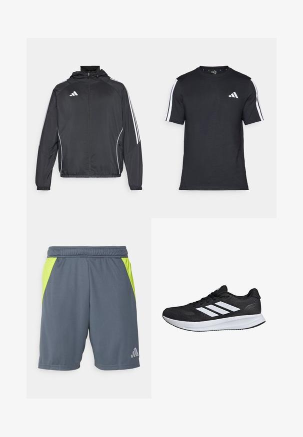 Sort atletisk jakke med hætte, med hvide striber langs ærmerne og lynlås foran. Lavet af et glat, let materiale.; Sort T-shirt fremstillet af cotton med korte ærmer, udstyret med hvide striber på skuldrene og et hvidt logo på venstre bryst.; Grå atletikshorts med neongrønne sidepaneler, elastisk talje og et lille sølv logo på nederste højre side. Glat stoftekstur.; Sort atletisk sko med hvide striber, mesh-overdel, polstret sål og teksturerede detaljer. Har et snørebåndsdesign og brandlogo på tungen.