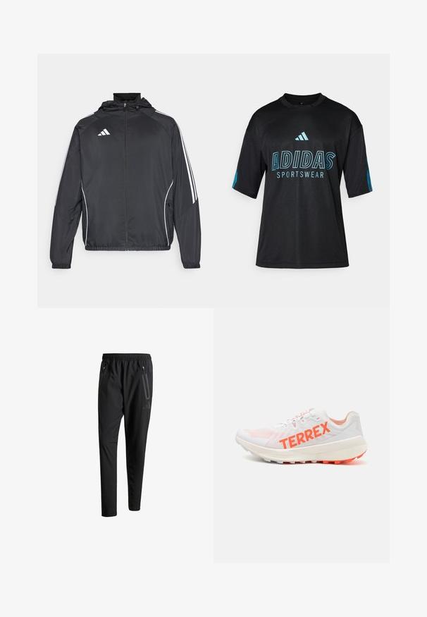 Svart sportsjakke med hette, med hvite striper langs ermene og glidelås foran. Laget av et glatt, lett stoff.; Svart Adidas sportswear skjorte med mesh tekstur, korte ermer, rund krage, og blå logo og tekstdetaljer på fronten og ermene.; Svarte treningsbukser med elastisk liv, to glidelåslommer på sidene, avsmalnende ben og en subtil logo detalj ved hoften.; Hvit sportsko med nettingoverdel og lysoransje "TERREX"-logo. Har en polstret såle og strukturert grep, designet for ytelse.
