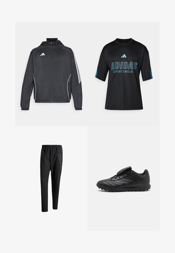 Črna športna jakna s kapuco, z belimi črtami ob rokavih in z zadrgo spredaj. Narejena iz gladkega, lahkega materiala.; Črna Adidas športna majica z mrežasto teksturo, kratkimi rokavi, okroglim ovratnikom ter modrim logotipom in besedilnimi podrobnostmi spredaj in na rokavih.; Črne športne hlače z elastičnim pasom, dvema žepoma na zadrgo ob strani, zoženimi hlačnicami in diskretnim logotipom na boku.; Črne sintetične nogometne čevlje z teksturirano zgornjo plastjo, z vezalkami, podloženim jezikom in gumijastim podplatom s stubki za oprijem.
