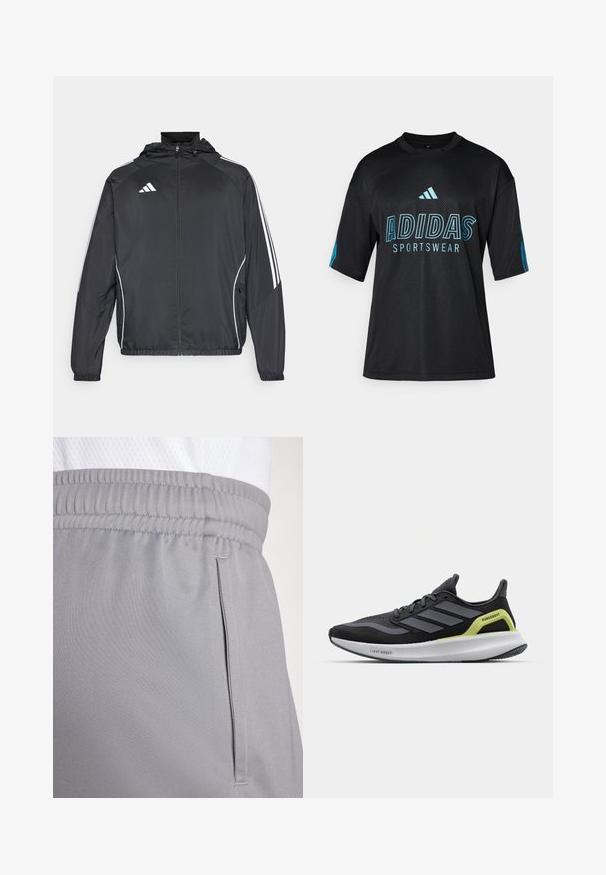 Black athletic jacket with a hood, featuring white stripes along the sleeves and a zippered front. Made from a smooth, lightweight fabric.; Black Adidas sportswear shirt with mesh texture, short sleeves, round collar, and blue logo and text detailing on the front and sleeves.; Gray athletic shorts made from lightweight fabric, featuring an elastic waistband and a side pocket. Smooth texture with subtle stitching details.; Black running shoe with grey accents, mesh upper, and a white midsole. Features include "Lightboost" branding and a green detail on the heel.