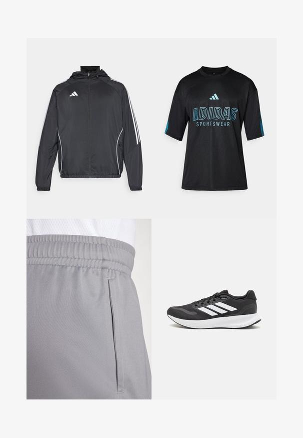 Black athletic jacket with a hood, featuring white stripes along the sleeves and a zippered front. Made from a smooth, lightweight fabric.; Black Adidas sportswear shirt with mesh texture, short sleeves, round collar, and blue logo and text detailing on the front and sleeves.; Gray athletic shorts made from lightweight fabric, featuring an elastic waistband and a side pocket. Smooth texture with subtle stitching details.; Black athletic shoe with breathable mesh upper, white accents, and a cushioned sole. Features three stripes logo on the side.