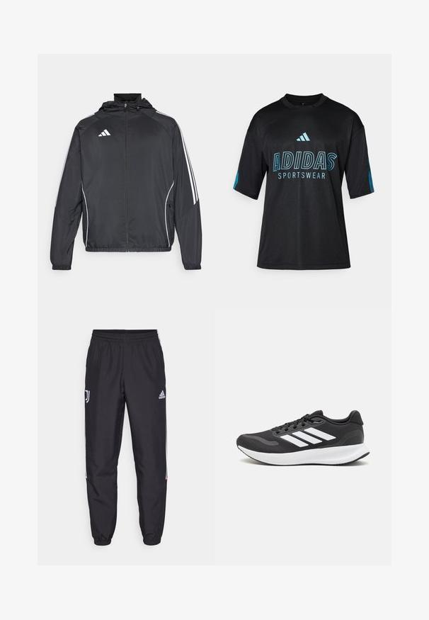 Juodas sportinis džemperis su kapišonu, turintis baltas juosteles palei rankoves ir užtrauktuką priekyje. Pagamintas iš lygaus, lengvo audinio.; Juoda Adidas sportinė marškinėliai su tinkline tekstūra, trumpomis rankovėmis, apvaliu apykakle ir mėlynu logotipu bei tekstu detalėse priekyje ir rankovėse.; Juodos sportinės kelnės, pagamintos iš lygios medžiagos, su baltomis šoninėmis juostelėmis, Juventus logotipu ir Adidas logotipu priekyje. Elastinga juosmens juosta.; Juodas sportinis batelis su orui pralaidžia mėgintuvėliu, baltomis akcentais ir paminkštintu padu. Šone yra trijų juostų logotipas.