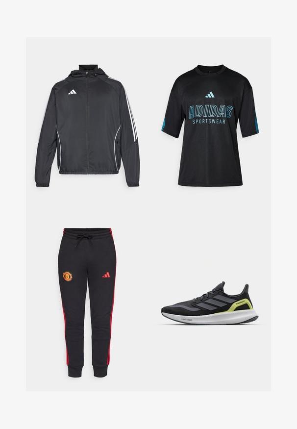 Juodas sportinis džemperis su kapišonu, turintis baltas juosteles palei rankoves ir užtrauktuką priekyje. Pagamintas iš lygaus, lengvo audinio.; Juoda Adidas sportinė marškinėliai su tinkline tekstūra, trumpomis rankovėmis, apvaliu apykakle ir mėlynu logotipu bei tekstu detalėse priekyje ir rankovėse.; Juodi sportiniai šortai su raudonomis šoninėmis juostomis, su siuvinėtu „Manchester United“ logotipu ir „Adidas“ logotipu ant šlaunies. Reguliuojamas liemuo.; Juoda bėgimo avalynė su pilkais akcentais, tinklelio viršuje ir balta vidurine dalimi. Ypatybės apima "Lightboost" ženklą ir žalią detalę ant kulno.